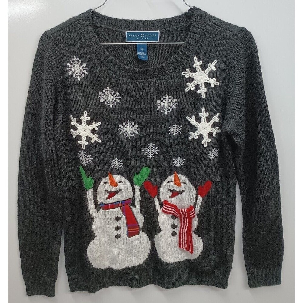 Karen Scott Snowmen Holiday Sweater Black Petite Small Snowflakes Christmas